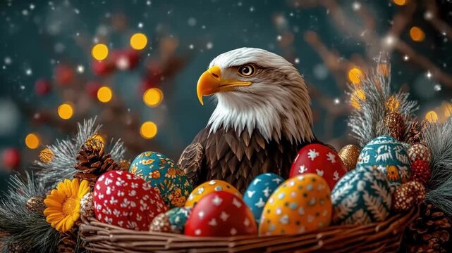Eagle amidst festive decorated easter eggs and pine cones with bokeh lights. Easter, Pascha, Paskha, Ostern, Pascua, Paques - Orthodox and Catholic Holiday celebration