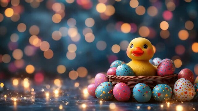 Colorful easter basket with rubber duck surrounded by painted eggs and festive lights. Easter, Pascha, Paskha, Ostern, Pascua, Paques - Orthodox and Catholic Holiday celebration