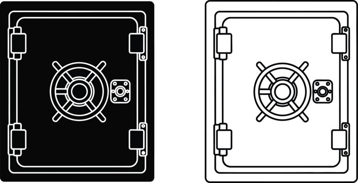 Safe vault door lock black and white line art isolated on transparent background, Vector