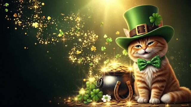 Cute ginger cat wearing a green hat with bow tie and sitting beside a pot of gold, shamrock, for good luck, St. Patricks Day celebration.