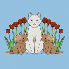 Gata y gatitos, ilustracion digital con fondo. © SonoRu