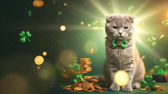 Cute cat with green shamrock bow tie for St. Patricks Day celebration. Festive animal pet ready for holiday. Lucky charm concept for event.
