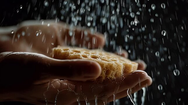 Hands holding a sponge under a stream of falling water in a close-up view