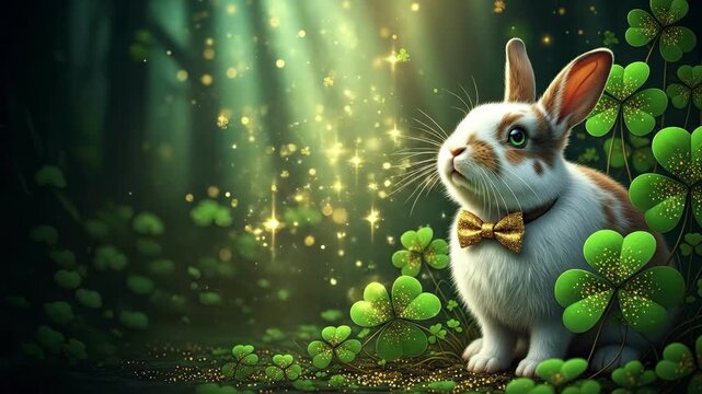 Cute rabbit with golden bow tie in a shamrock field with glitter. St Patricks Day animals. Luck, prosperity, and blessings for greeting card.