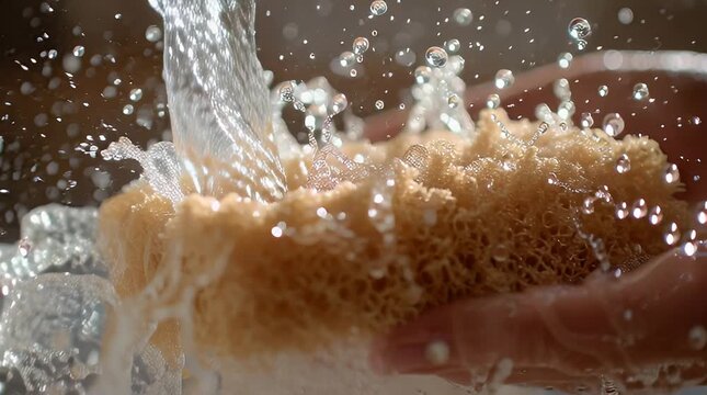 Water splashing on a sponge being squeezed by hand in a close-up view