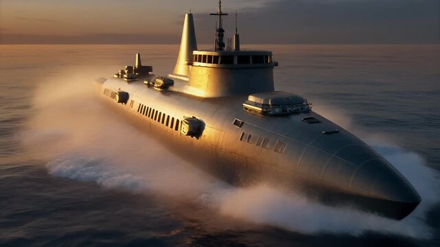 Futuristic high speed yacht charges across calm sea at sunset.
