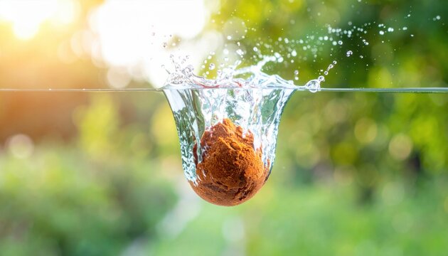 Biodegradable sphere dissolving in water splash revealing nutrient rich powder, natural eco-friendly solution