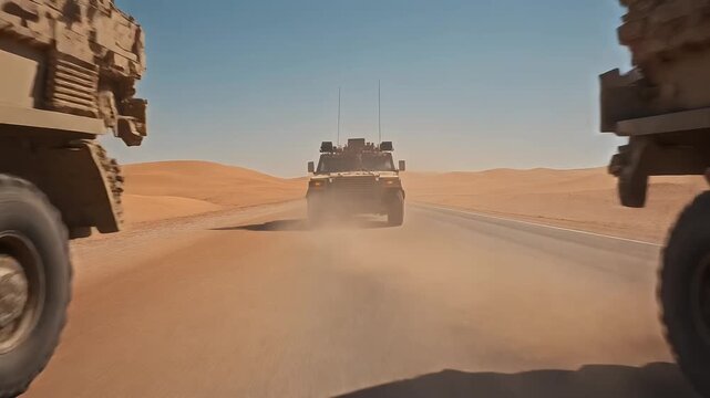 Armored convoy of military vehicles racing across desert road.