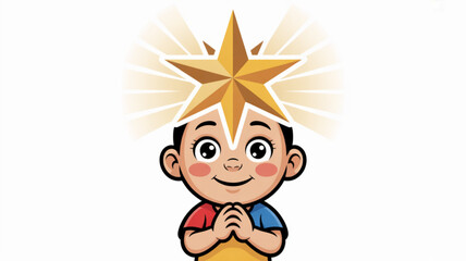 Smiling cartoon boy with hands clasped in prayer under a shining golden star on his head symbolizing hope and positivity