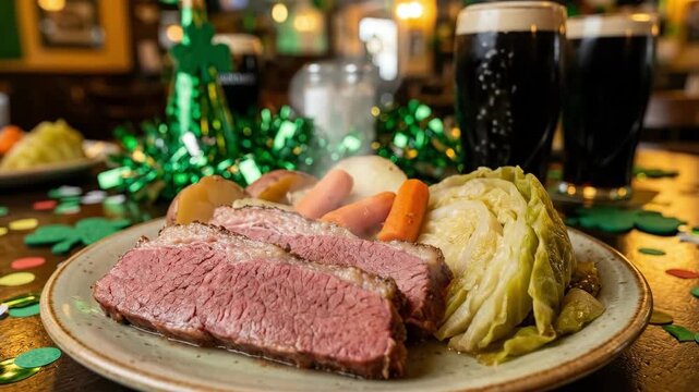 Corned beef and cabbage dinner with stout beer during St. Patricks Day celebration. Traditional Irish food and drink for a festive holiday meal.