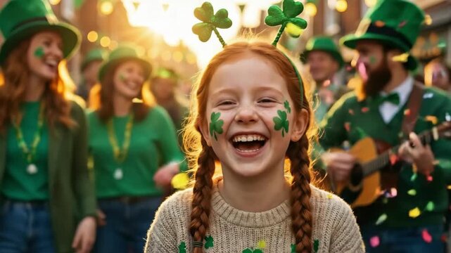Adorable Irish girl, child with face paint and shamrock headwear, celebrating St. Patricks Day in a vibrant sunlit street festival.