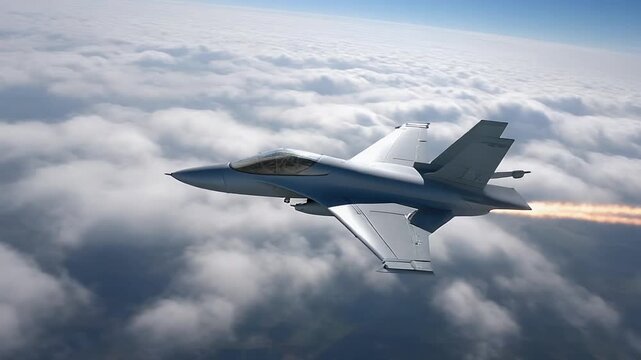 Modern fighter jet with afterburner above clouds.