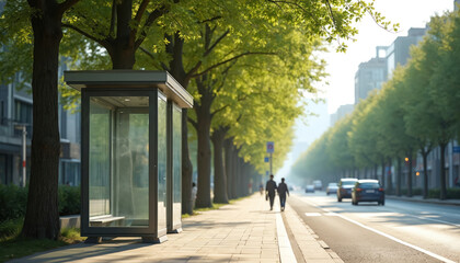 Naklejka premium Modern glass and steel bus stop shelter along a tree-lined street with dappled sunlight. Cityscape blurred background. People walk on pavement. Cars drive on road.