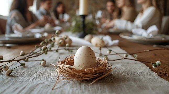 Speckled easter egg in decorative nest centerpiece on rustic dining table with soft-focus family gathering in the background during festive spring meal