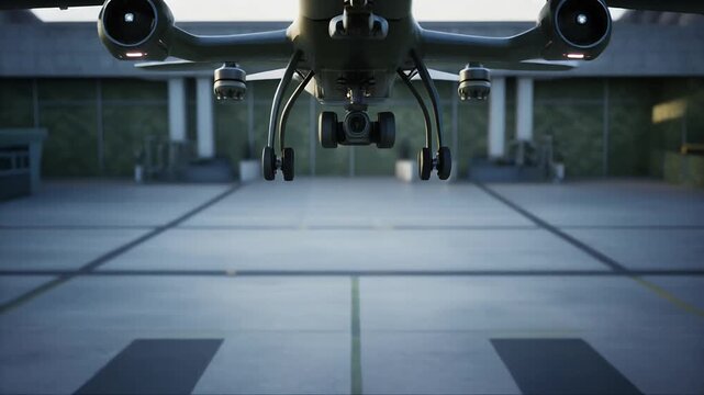 Futuristic electric vtol aircraft hovers during vertical takeoff test at hangar.