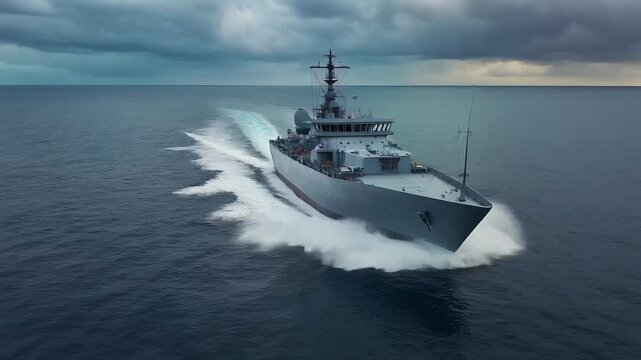 Naval patrol ship charging forward on open sea under stormy clouds.
