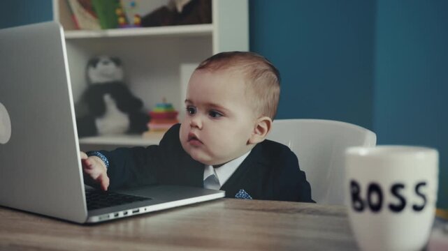 Toddler concentrated on laptop at home, Infant intensely working on computer amidst relaxed office setting