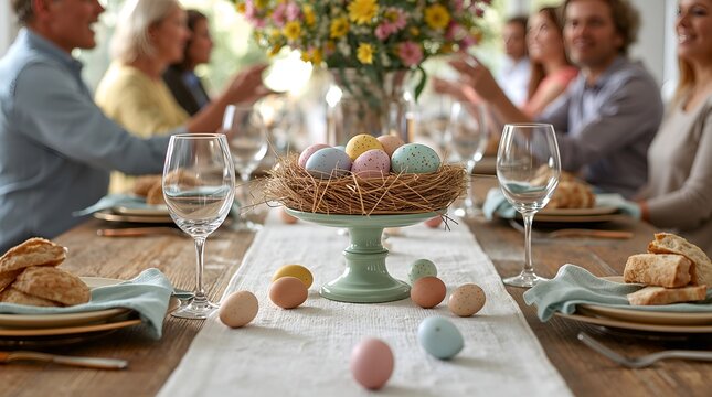 Elegant family Easter celebration with pastel eggs centerpiece and spring flowers on rustic dining table