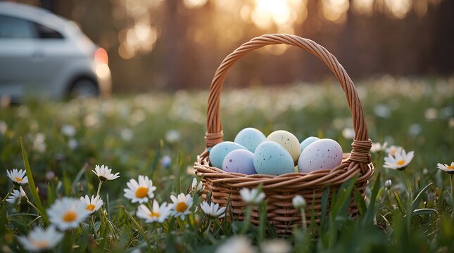 Wicker basket filled with pastel Easter eggs on a daisy-covered grassy field at sunset with a blurred car in the background