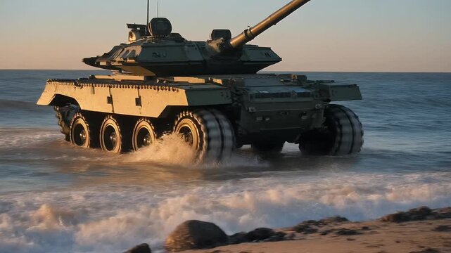 Amphibious armored tank emerges from sea surf at sunset.