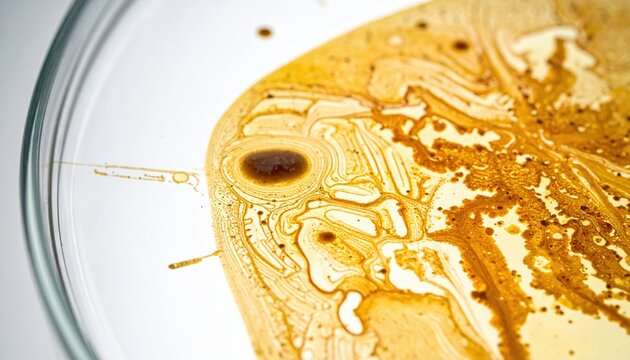 Intricate golden brown microbial culture patterns showcasing organic growth and protein-rich textures