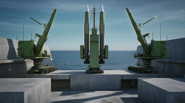 Coastal missile defense launchers rotate by sea.