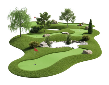 Mini golf course design outdoor park 3d rendering natural setting isolated on transparent background