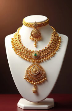 Gold Indian bridal jewelry set includes necklace and choker. Traditional ethnic ornament with gems and pearls displayed on mannequin. Elegant accessory for wedding ceremony.