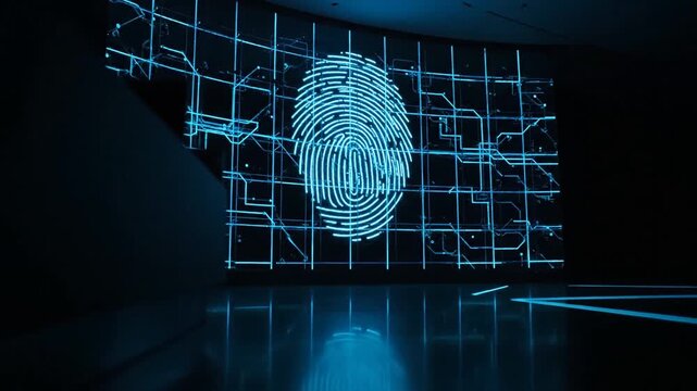 Cinematic view of a glowing blue fingerprint scanning on a futuristic digital grid in a dark room.