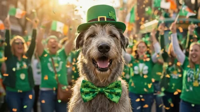 Happy dog in a green hat and bow tie St Patricks Day celebration. Festive parade scene with people confetti and Irish flags.