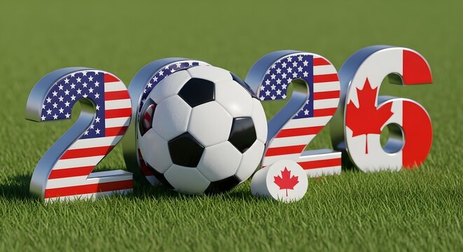2026 FIFA World Cup soccer ball with USA and Canada flags on grass field