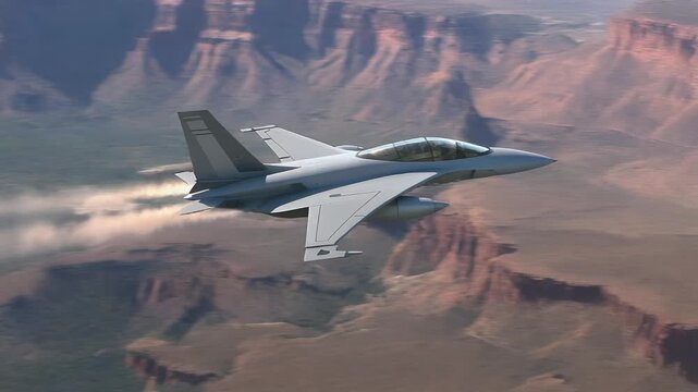 Fighter jet with afterburner soars above desert canyon.