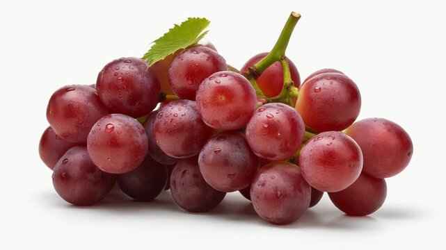 A cluster of ripe, red grapes with a green stem and leaf against a white background