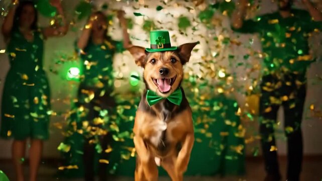 Happy dog wearing a green top hat and bow tie jumping amidst confetti. Animal celebration for St. Patricks Day. Pet party event with fun.