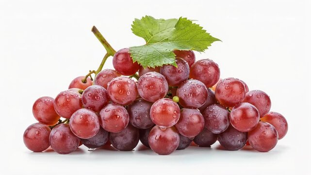 A cluster of ripe, dark red grapes with a green leaf on a white background