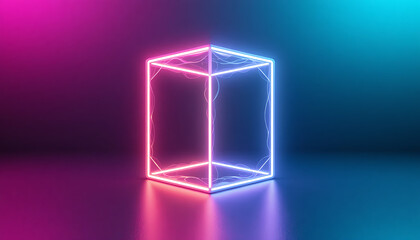 Obraz premium Futuristic Neon Wireframe Cube with Vibrant Pink Glow, Geometric 3D Structure, and Striking Digital Art Design, 32K Revolution 