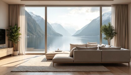 Fototapeta premium Modern living room with large windows overlooking serene lake and mountains. Comfortable sofa faces peaceful water landscape. Interior design with plants and light wood furniture.