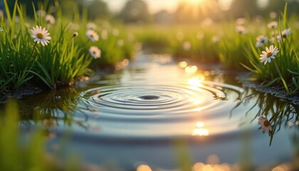 Fototapeta premium Close up on water puddle with ripples reflecting sunlit field of grass and daisies. Gentle ripples spread outward from center. Soft focus background.