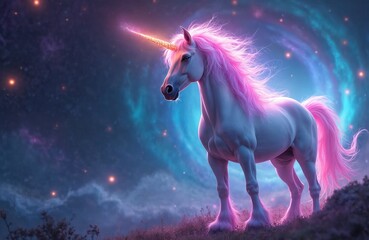Fototapeta premium White unicorn with pink mane and tail stands on grassy hill against colorful nebula and starry sky. Its horn emits magic light, fantasy creature in cosmic space.