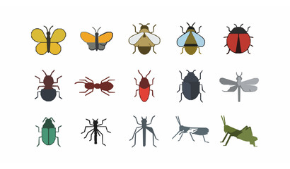 Insects icon set with butterfly bee ladybug ant and beetle flat vector collection © Rimu