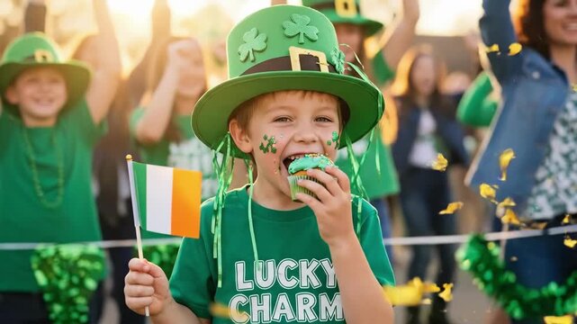Happy kid celebrating St. Patricks Day with Irish flag and green cupcake. Boy enjoying parade with leprechaun hat and glitter face.