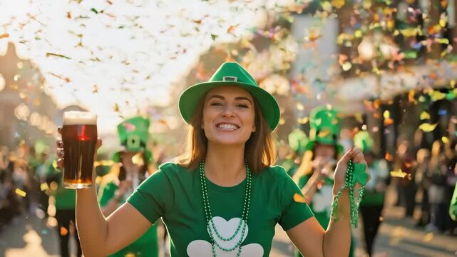 Woman celebrating St. Patricks Day in a green hat, holding a beer and shamrock beads. Happy holiday parade or festival concept.
