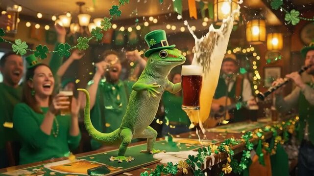 Green gecko in a leprechaun hat holding a pint of stout beer, jumping above a bar counter, celebrating St. Patricks Day with cheerful people.