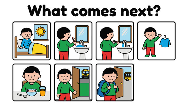 Boy following morning routine steps in illustrated sequence  