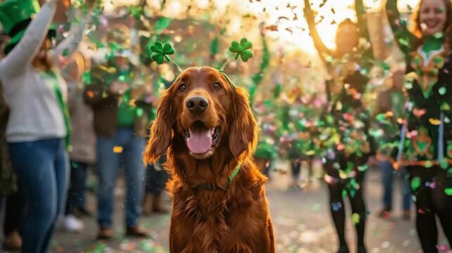 Happy Irish setter dog wearing shamrock head boppers during St. Patricks Day celebration with confetti falling and people dressed in green