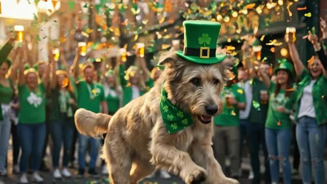 Irish wolfhound dog jumping with green hat and clover bandana in St. Patricks Day parade with confetti. Celebration of Irish cultura.