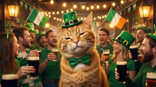 Ginger cat with green hat and bow tie is celebrating St. Patricks Day with happy friends drinking Irish beer in a pub for festival design.