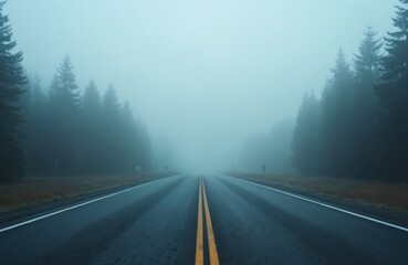 Empty road vanishing into dense fog, lined with tall dark trees. Asphalt highway disappears into mystery, representing journey, nature, and unknown future.