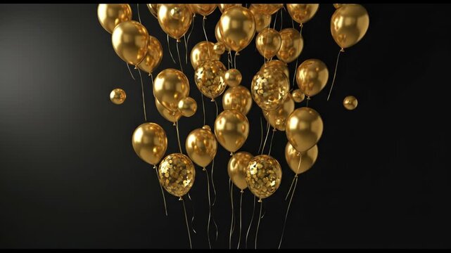 A cluster of shiny gold balloons floating against a dark background