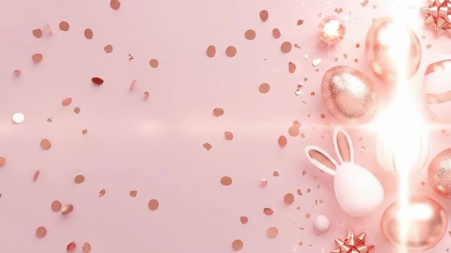 Pink background with festive Easter eggs and bunny ears. Holiday celebration flat lay with confetti and gift bows for greeting card.